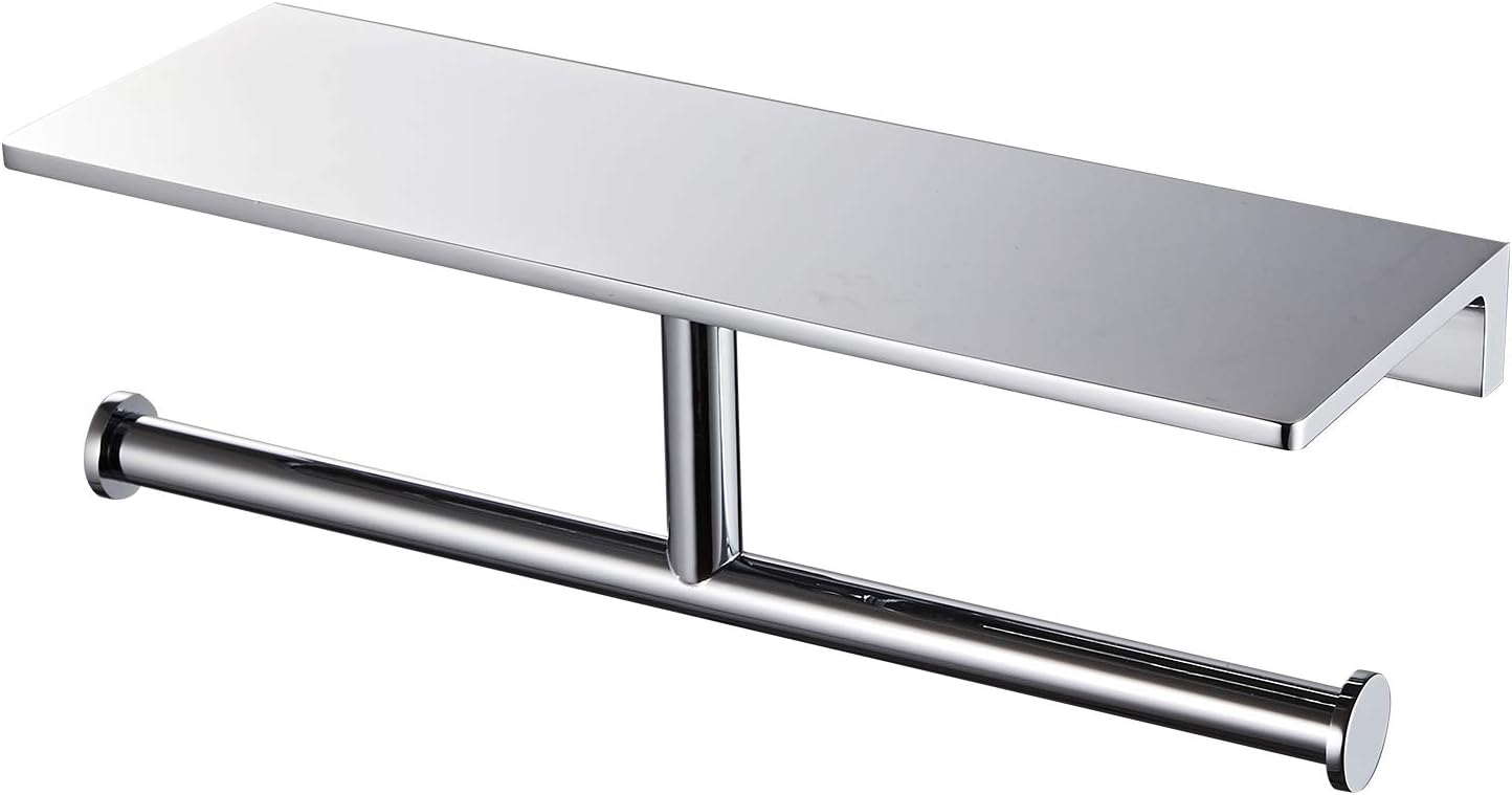 Double Roll Toilet Paper Holder with Shelf Solid Brass and Superior Hotel Style Tissue Dispenser Spared Storage Polished Chrome Finish