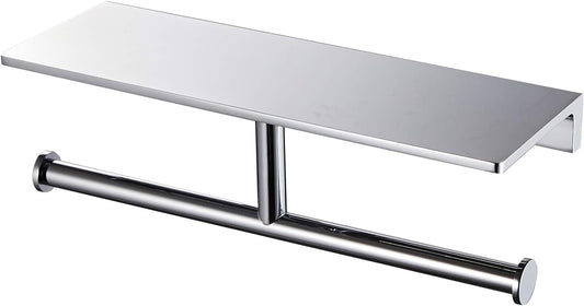 Double Roll Toilet Paper Holder with Shelf Solid Brass and Superior Hotel Style Tissue Dispenser Spared Storage Polished Chrome Finish