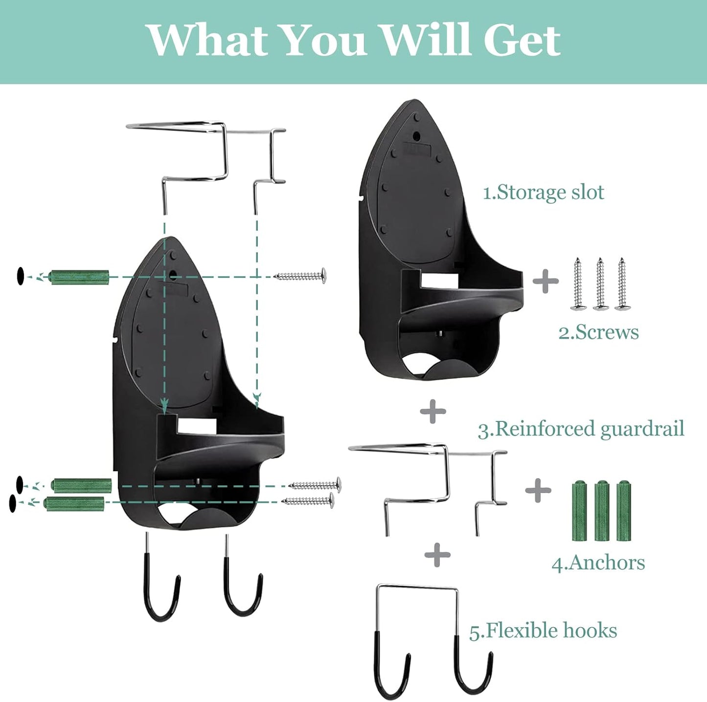 Ironing Board Hanger Wall Mount Electric Iron Holder Iron and Ironing Board Storage Organizer Shelf with Removable Hooks for Household Bathroom Laundry Room (Black)