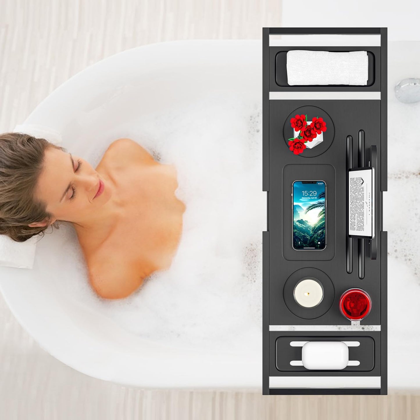 Bathtub Tray Caddy Black- Bath Tray Black - Bath Tub Tray Caddy - Bamboo Bath Tray for Tub - Expandable Size, Fits Most Tubs