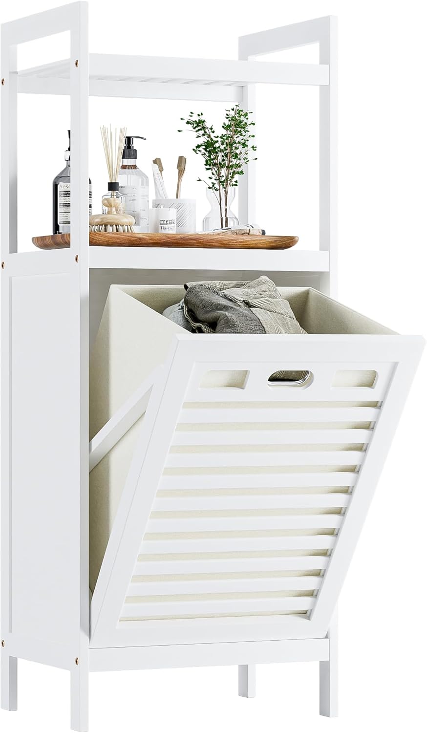 HITNET Bamboo Tilt Out Hamper, Bathroom Laundry Cabinet with Hidden Foldable Basket, Freestanding Clothes Storage Organizer with Storage Shelf, White