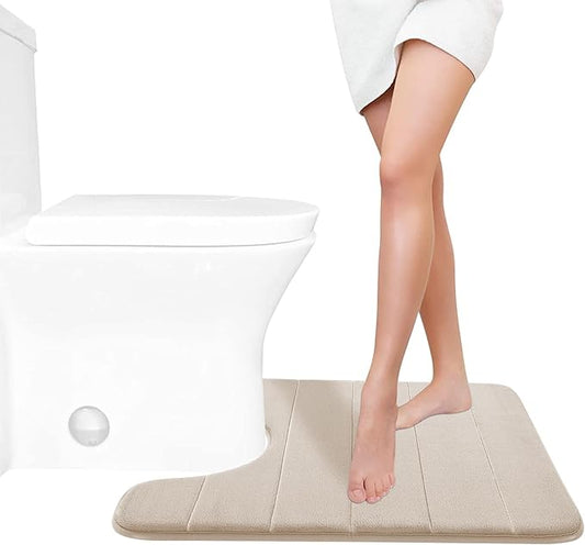 Yimobra Memory Foam Toilet Bath Mat U-Shaped, Soft and Comfortable, Super Water Absorption, Non-Slip, Thick, Machine Wash and Easier to Dry for Bathroom Commode Contour Rug, 24 X 20 Inches, Beige