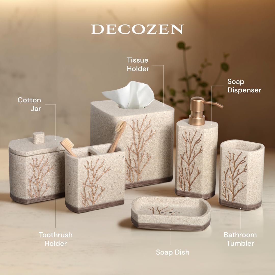Decozen Bathroom Accessories Set – Soap Dispenser, Toothbrush Holder, Tumbler, Soap Dish, Cotton Swab Jar & Toilet Brush – Modern Bathroom Decor Set 6-Pcs (Kent)