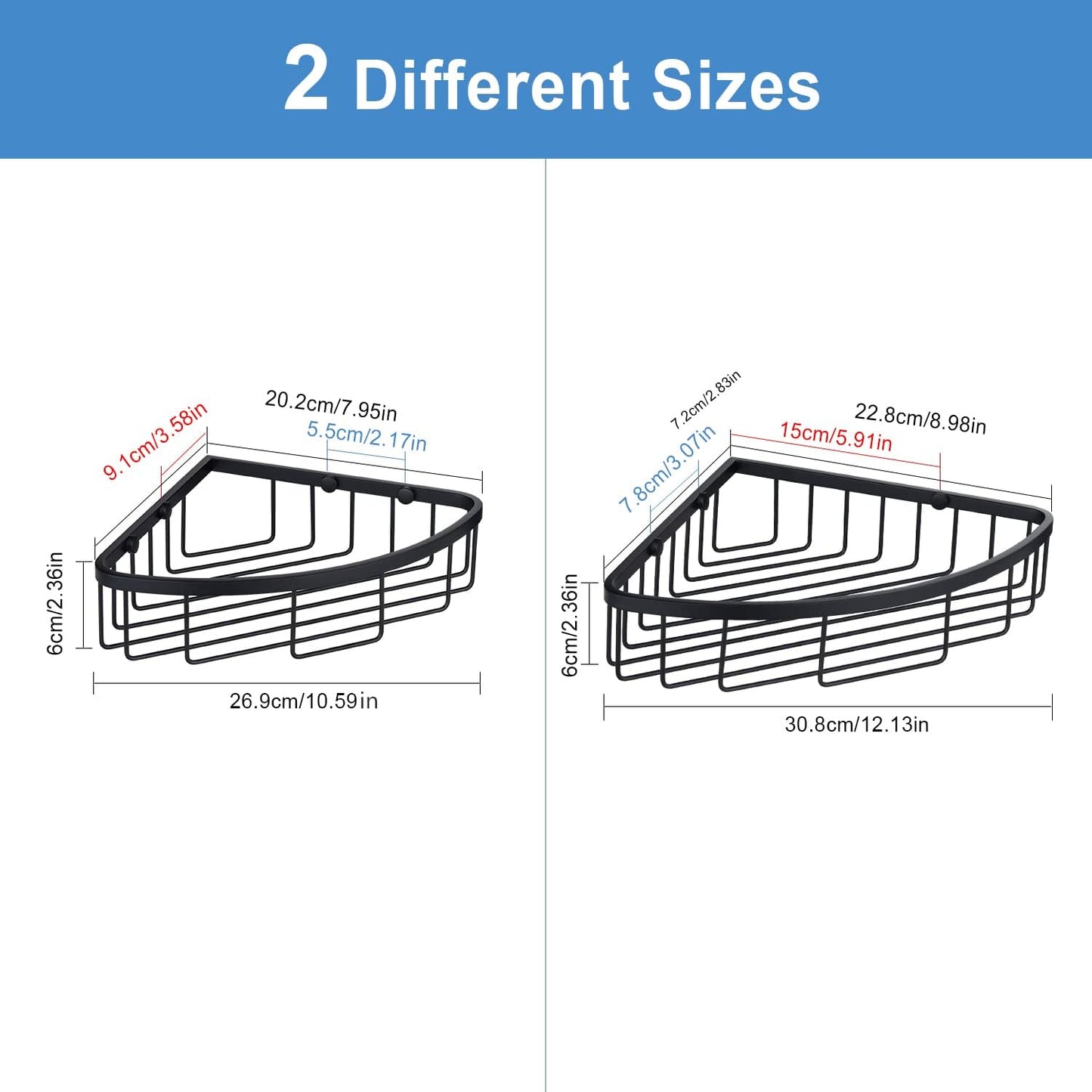 Corner Shower Caddy Organizer, SUS304 Stainless Steel Heavy Duty Rust-Proof Shelf, Wall Mounted Storage Rack for Bathroom, 2 Packs Matte Black