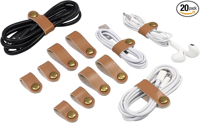 Coideal Leather Cable Ties Organizer, 20 Pcs Earphone Cable Straps Reusable USB Cord Keeper with Snap Cord Clips Holder for Phone (Short + Long, Brown)
