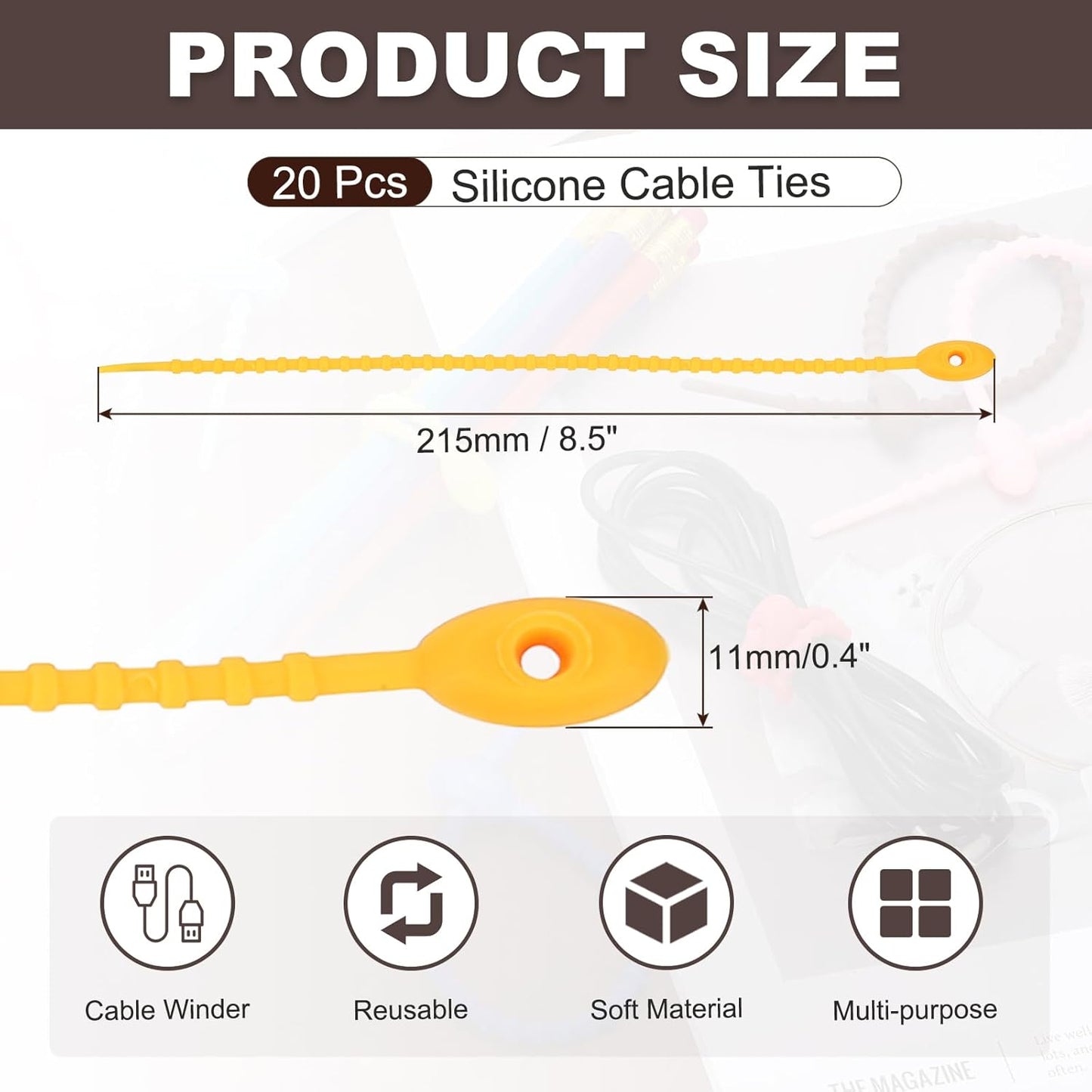 uxcell 20 Pcs Silicone Ties Bag Clip, 8.5 Inch Multi Purpose Silicone Zip Ties Reusable Rubber Zip Tie, Cable Strap Cord Organizer for Home Office Food Bag Wires Cables, Orange