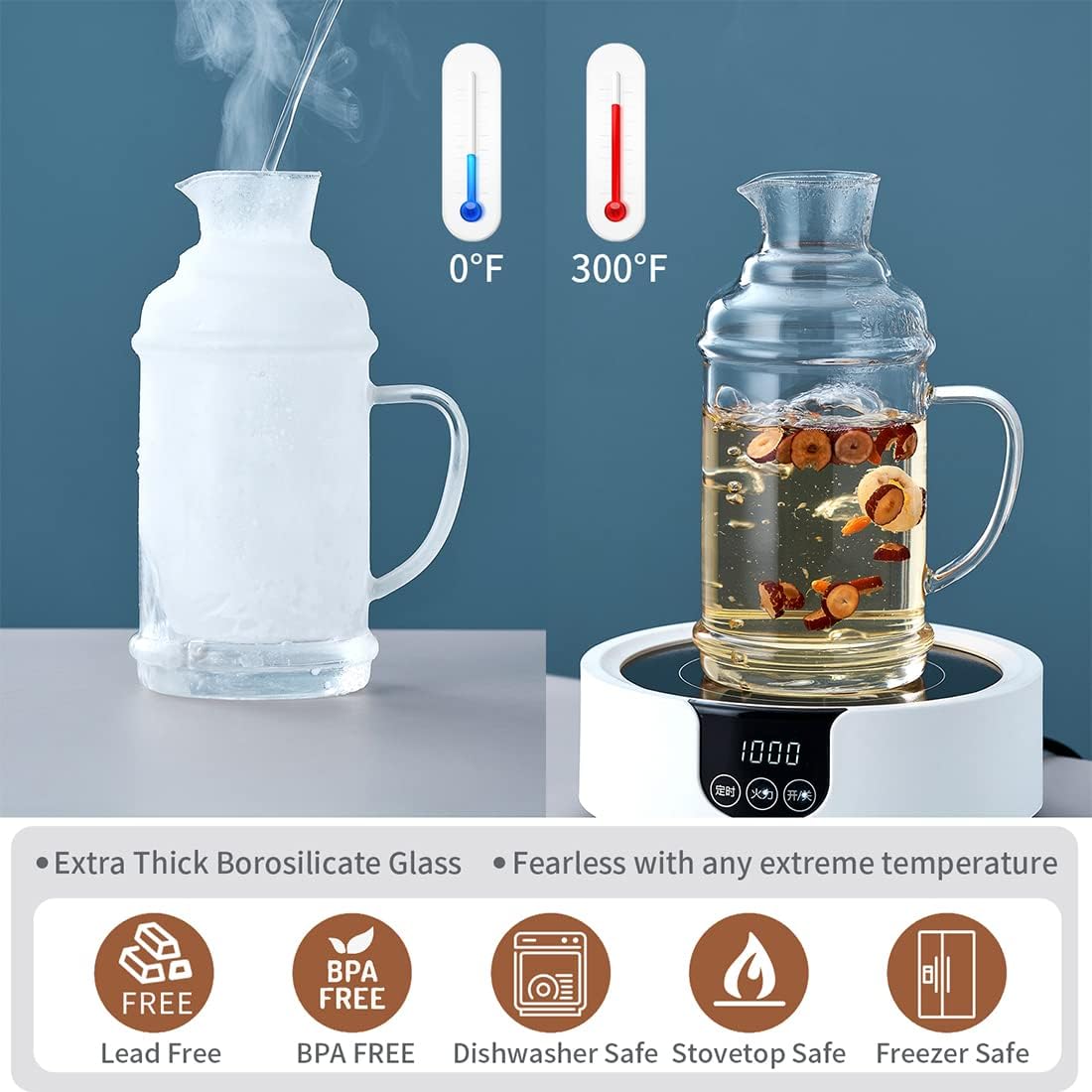 37OZ Glass Pitcher with Lid and Spout, Water Jug, 1000ml Carafe for Hot/Cold Water, Large Iced Tea Pitcher for Coffee, Juice and Homemade Beverage