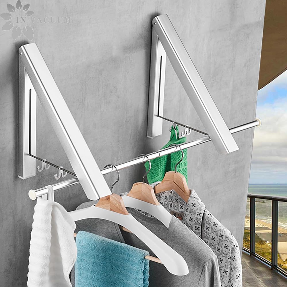 IN VACUUM Clothes Drying Rack Folding Indoor, Folding Drying Racks for Laundry Room Closet Storage Organization, Aluminum, Easy Installation (2 Racks with Rod, Sliver)