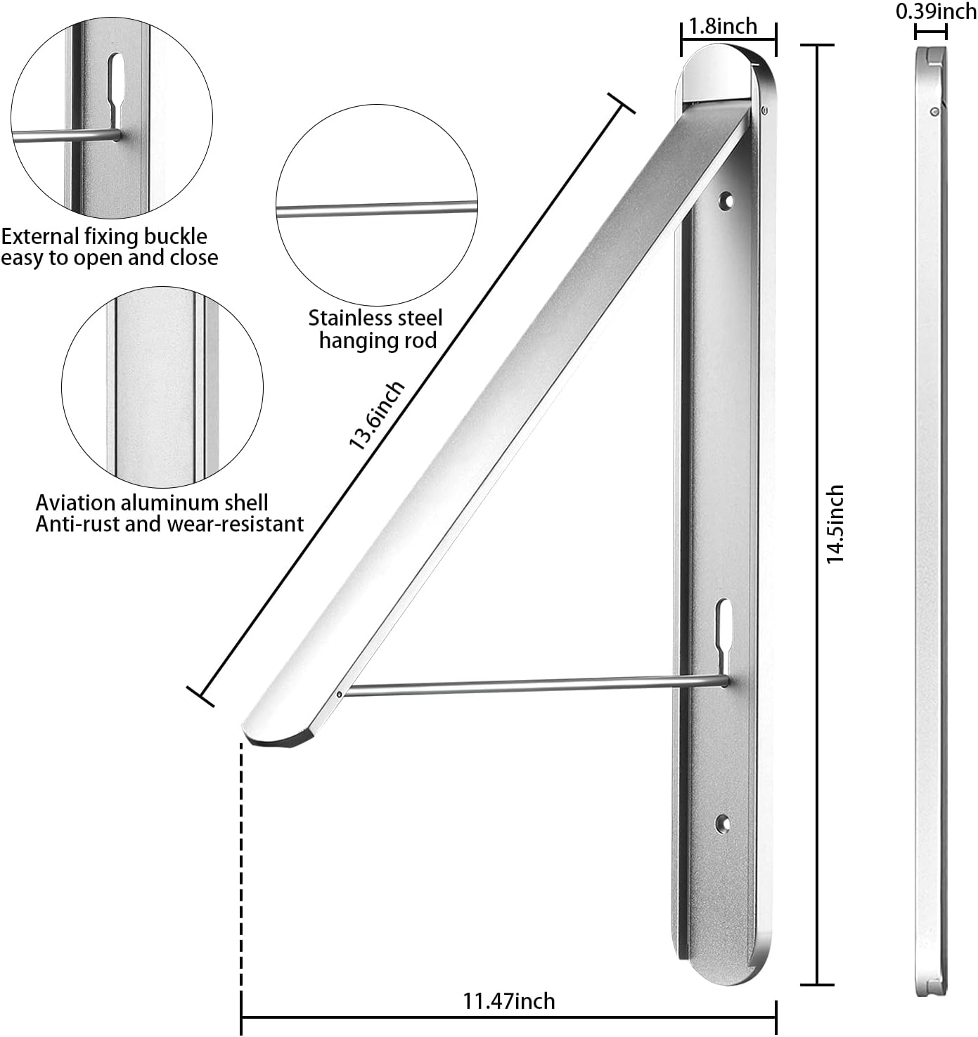 Clothes Drying Rack for Small Laundry Rooms, Clothes Drying Rack Folding Indoor, Wall Mounted Clothes Rack Foldable, (Aluminum, Silver)