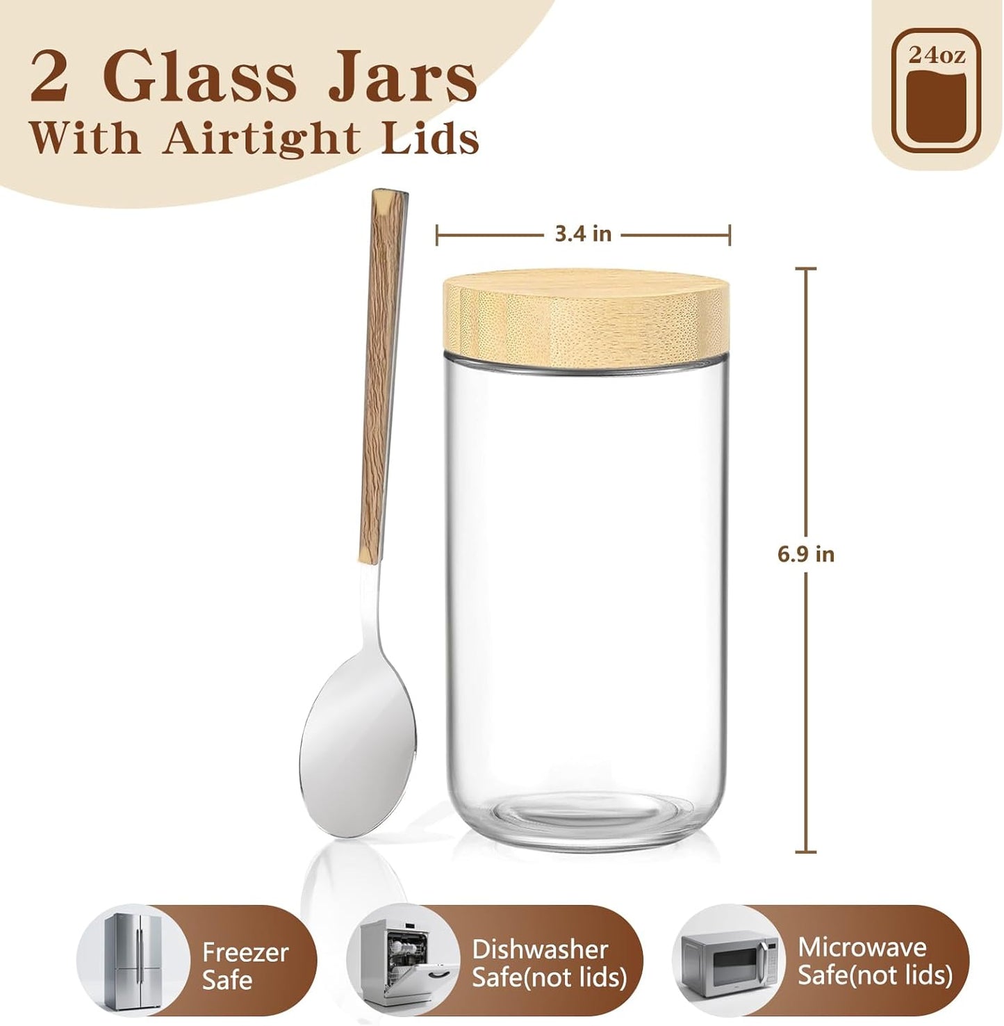 24oz Overnight Oats Containers with Bamboo Lids, Glass Jars with Airtight Lids, Wide Mouth Mason Meal Prep Jars, Food Storage Container for Yogurt Salad Chia Pudding Snacks Spice Sugar,2 Pack
