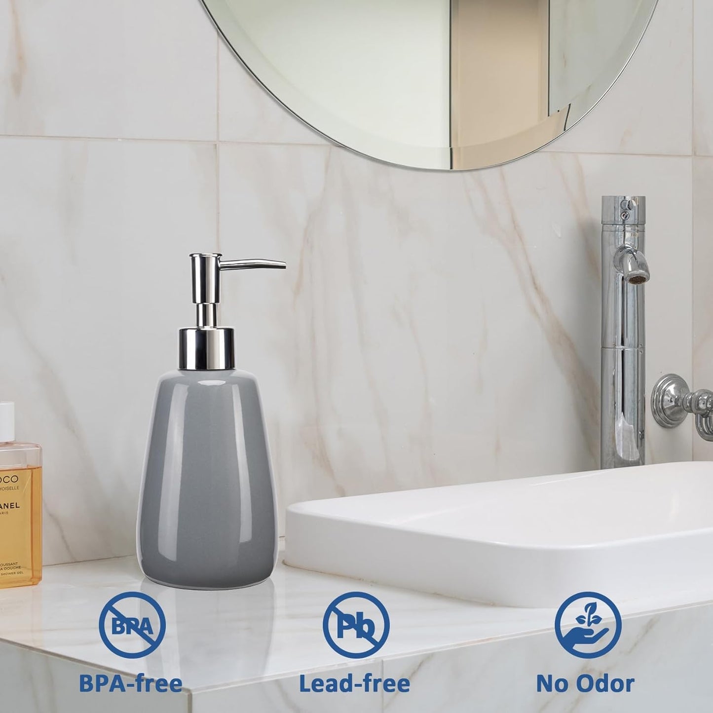 Hand Soap Dispenser Ceramics Bottles with Elegant Pump Top Bathroom Empty Shampoo Bottles 10oz/300ml Gray