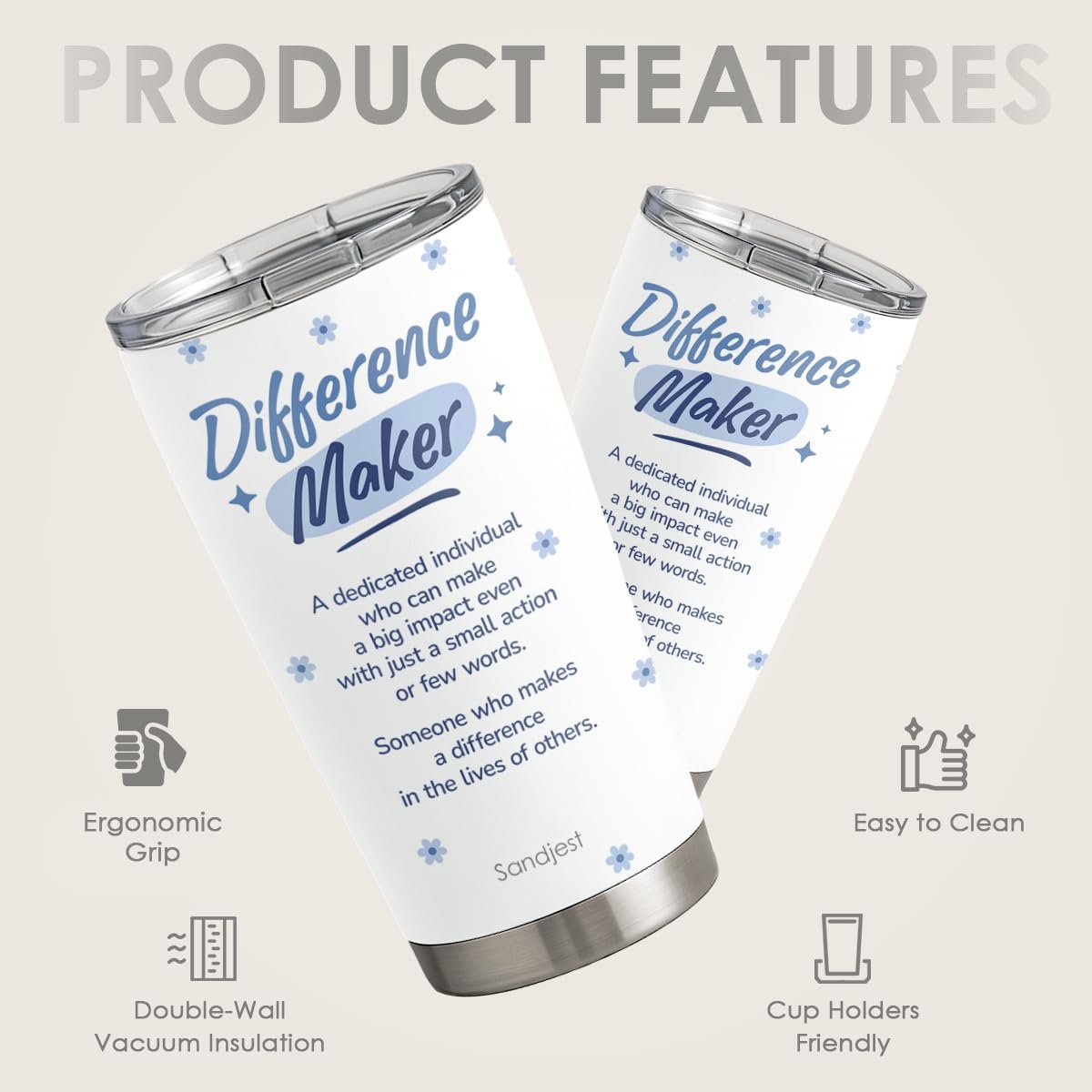 SANDJEST Inspiration Tumbler 20oz, Stainless Steel Travel Cup with Lid, Difference Maker Insulated Coffee Mug, Inspiration Gifts for Women Girls Friends Sisters on Birthday Christmas Valentine