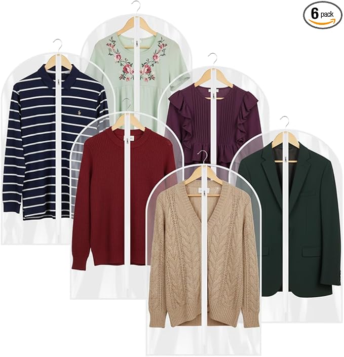 40” All Clear Garment Bags for Travel - PEVA Waterproof Suit Cover with Zipper for Hanging Clothes, Dresses, Coats - Durable Dresser for Closet Storage, Dustproof & Moisture Resistant - 40''/6 Pack