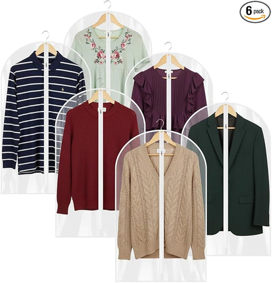 40” All Clear Garment Bags for Travel - PEVA Waterproof Suit Cover with Zipper for Hanging Clothes, Dresses, Coats - Durable Dresser for Closet Storage, Dustproof & Moisture Resistant - 40''/6 Pack