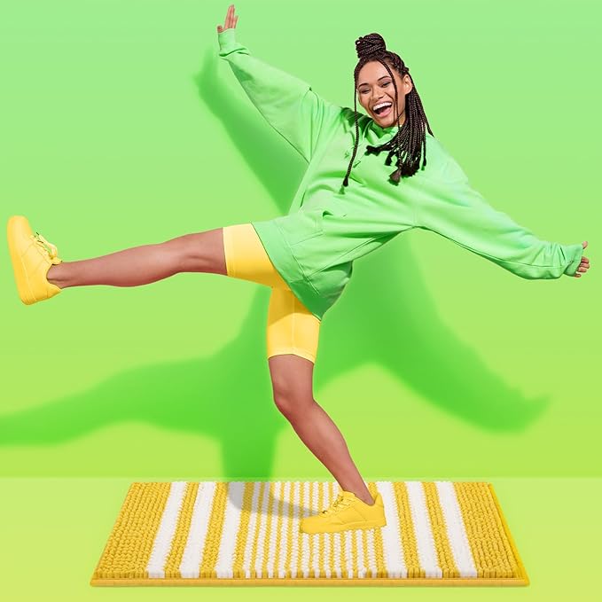 Tindbea Bathroom Rugs Set 2 Piece, Extra Soft and Absorbent Fluffy Striped Chenille Bath Mat Rug Set, Non Slip Bathroom Floor Mat, Machine Washable (20" x 32" Plus 16" x 24", Yellow)