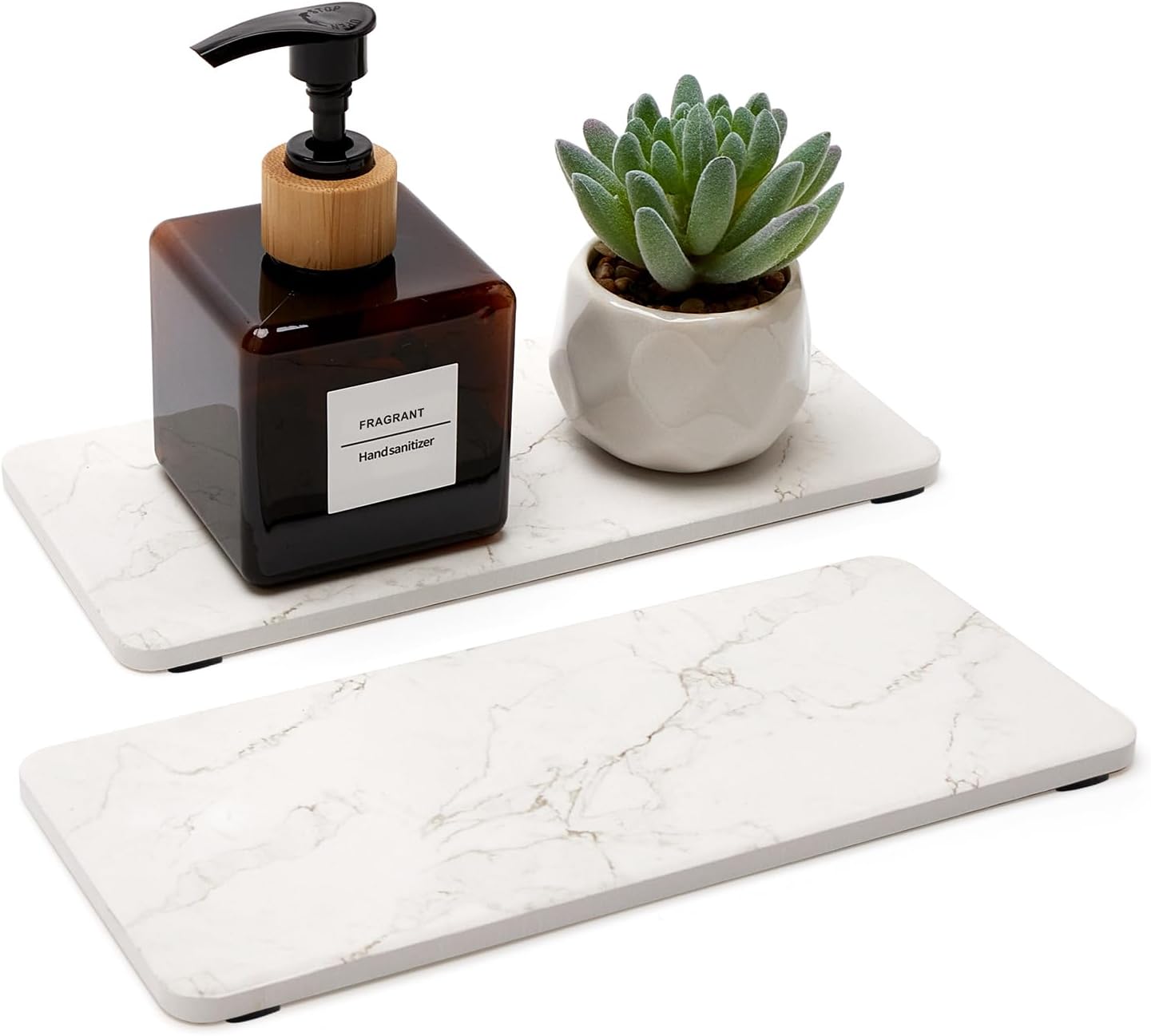 2 Pcs Water Absorbing Stone Drying Trays for Bathroom Sink Kitchen Counter Soap Dish Dispenser Sponge Holder White Ceramic Bathroom Vanity Quick Dry Stone Mat for Kitchen Sink Marble Diatomite Tray
