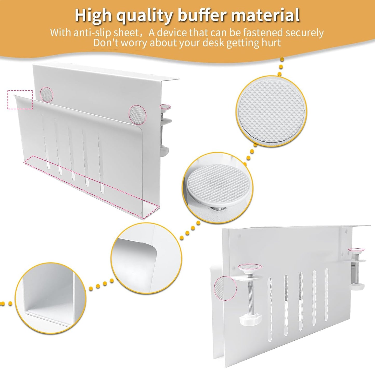 Desk Side Storage, Under Desk Storage, No Drill Steel Hanging Desk Organizer, Laptop Holder, Table Hanging Storages Holder for Office & Home (White)