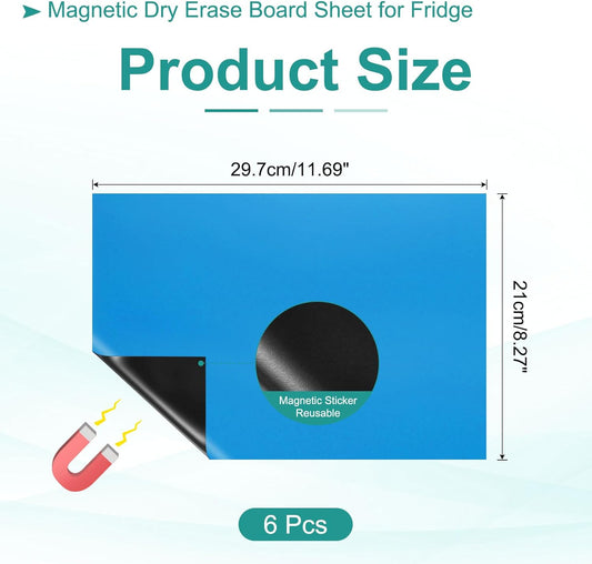 PATIKIL Magnetic Dry Erase Board Sheet for Fridge, 6 Pcs 12 x 8 Inch Erasable Refrigerator Whiteboard for Kitchen for Home Kitchen Organizer Planner Office Storage, Blue (0.6mm)