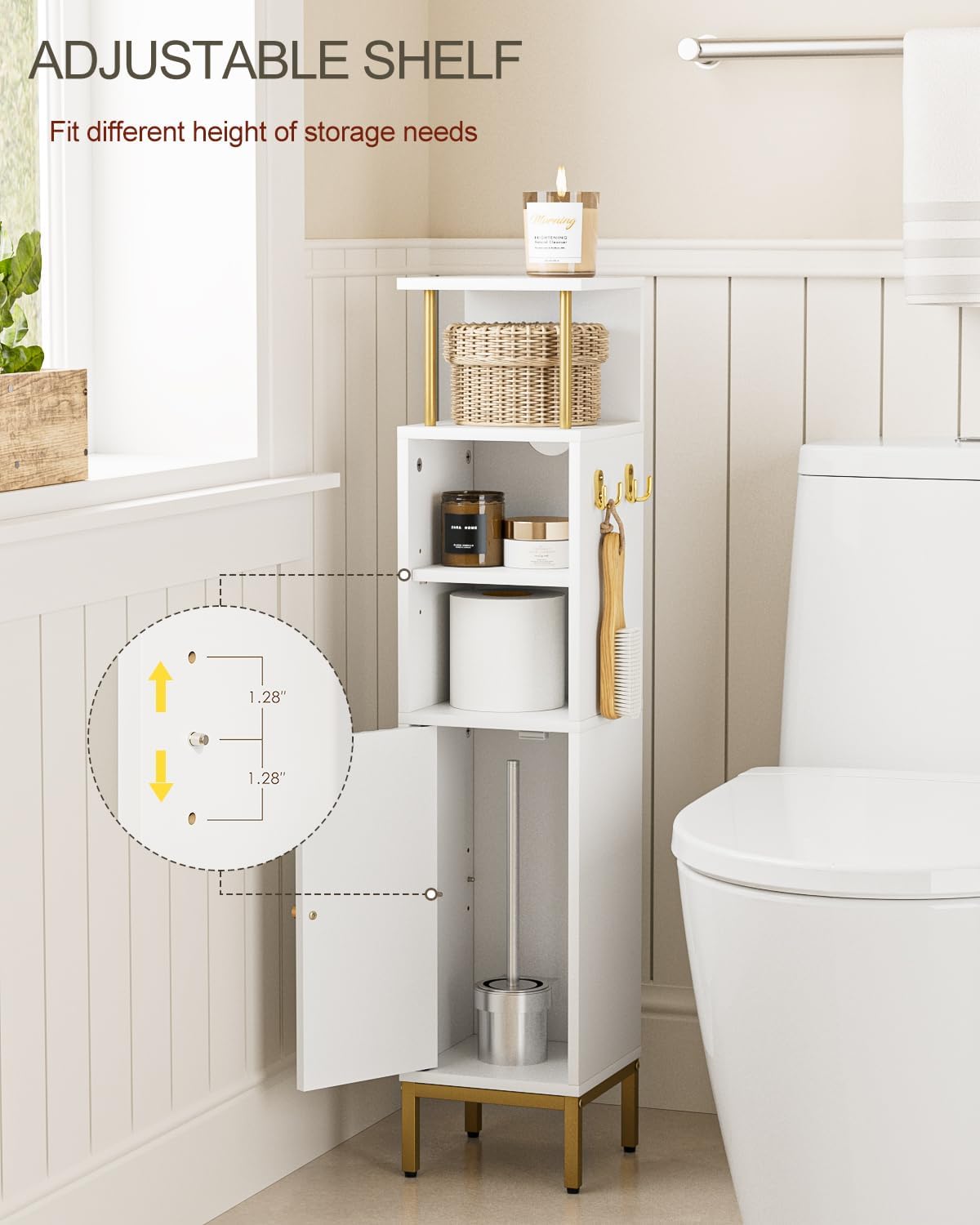 Bathroom Storage Cabinet,Small Corner Floor Cabinet with 2 Hook,Narrow Tall Toilet Paper Cabinet with Adjustable Shelves,Bathroom Organizer for Living Room,Small Spaces (Wave, White-37''H)