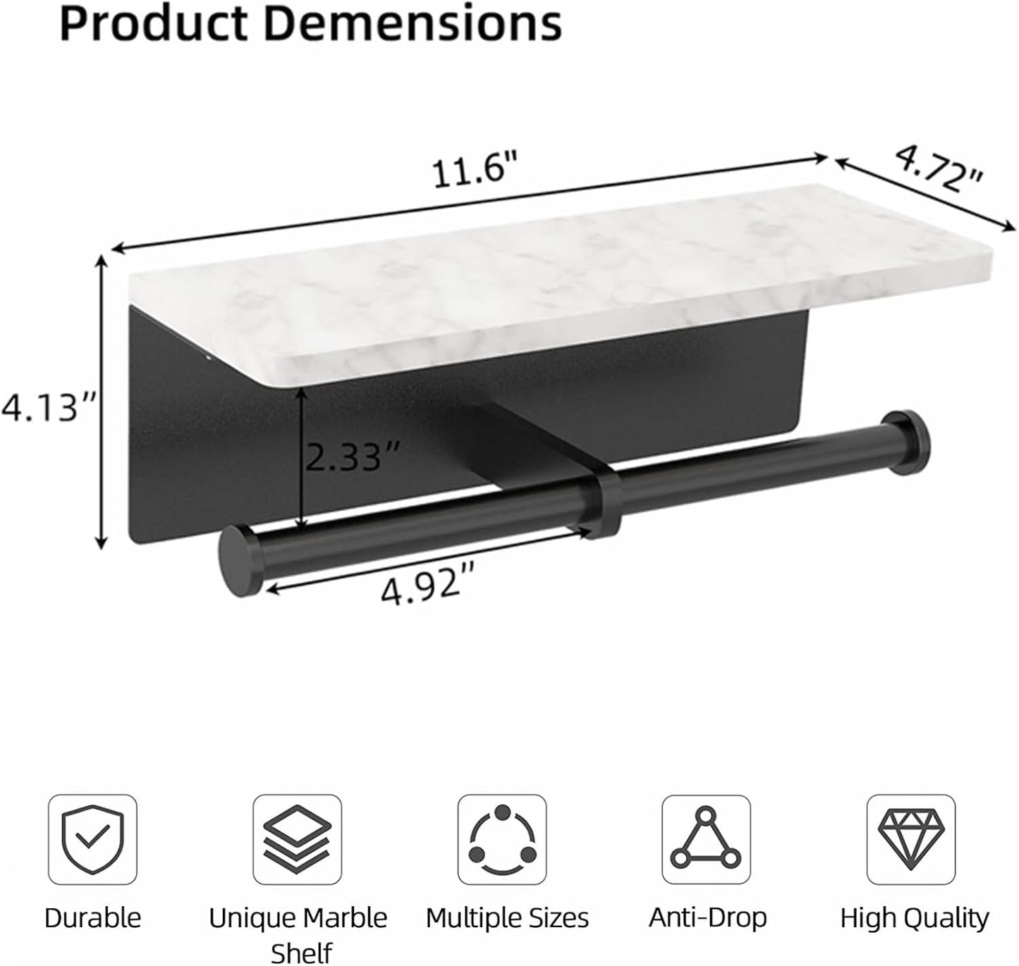 Toilet Paper Holder with Natural Marble Shelf for Bathroom Washroom,Wall Mounted Tissue Holder Suitable for Mega Roll (Matte Black, Large 11.8 * 4.7)