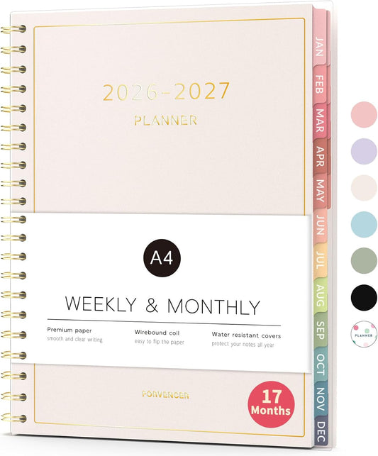 Forvencer Planner 2026-2027, 17 Month Weekly and Monthly Calendar Planner, Jan 2026 -May 2027, 8.5" x 11", Daily Agenda Book with Tabs, College Organizer Notebook, School Supplies for Student Teacher Classroom, A4, Beige