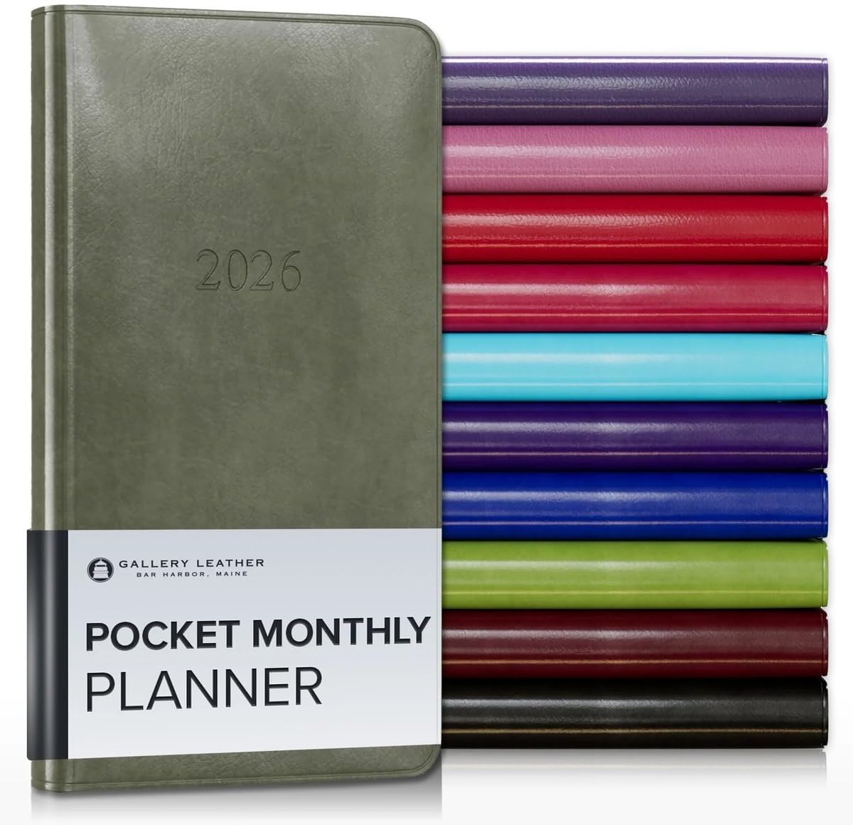 Gallery Leather Pocket Monthly Planner 2025-2026, Elegantly Bound Calendar Planner and Notebook with Stylish Gold-Gilded Page Edges, 18 Months - Acadia Cactus - 6x3.25"