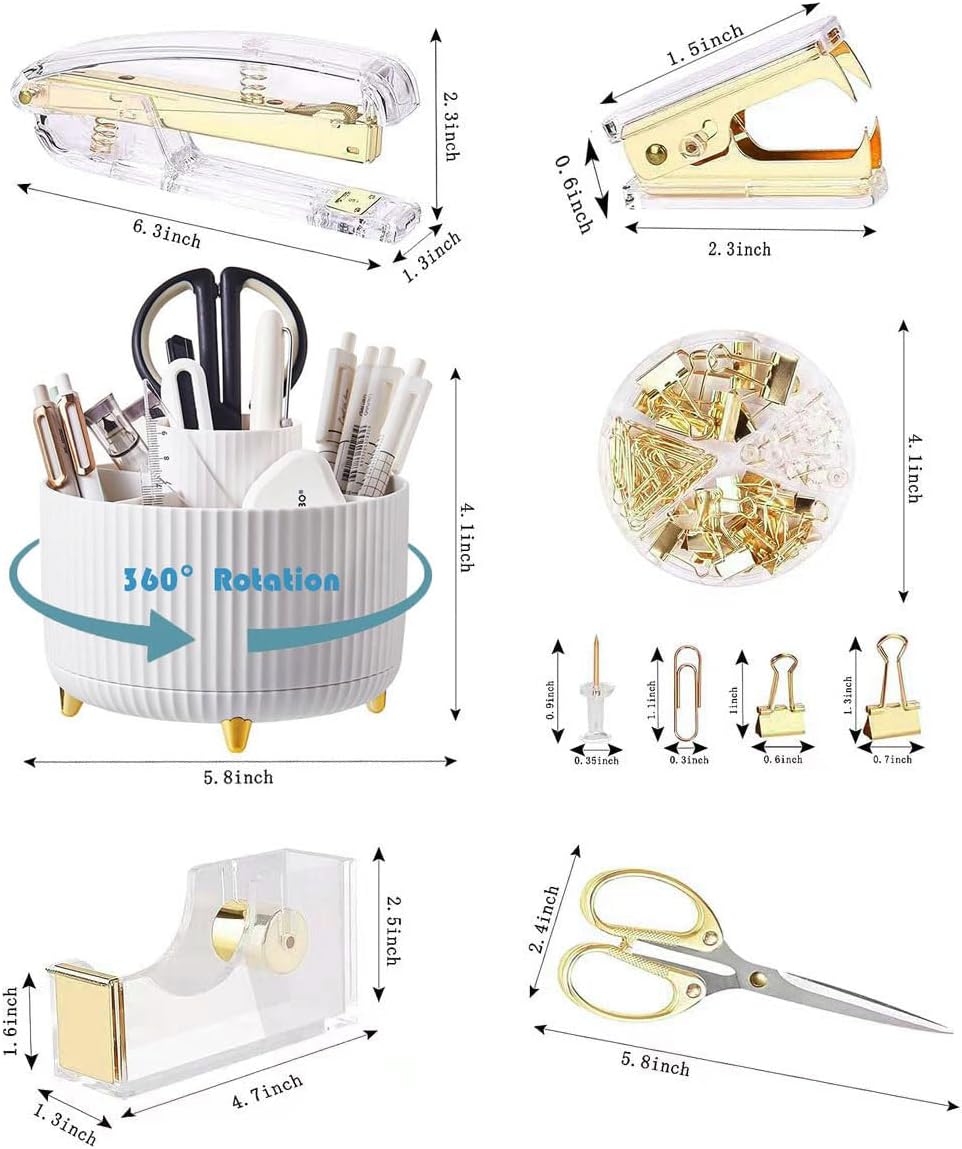 Desk Organizers and Accessories Set with 360-Degree Rotating Pen Holder, Acrylic Stapler, Tape Holder, Staple Remover, Binder/Paper Clips Kit, Scissor and 1 Box of Staples