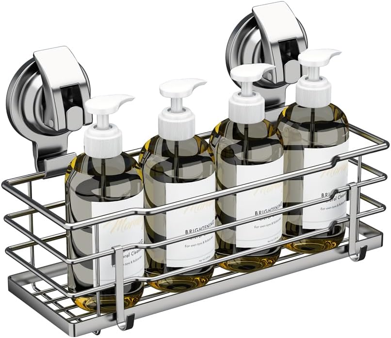 Suction Cup Shower Caddy, Shower Shelf Soap Dish with Hooks for Razor, Sponge, Rust Proof 304 Stainless Steel, Silver