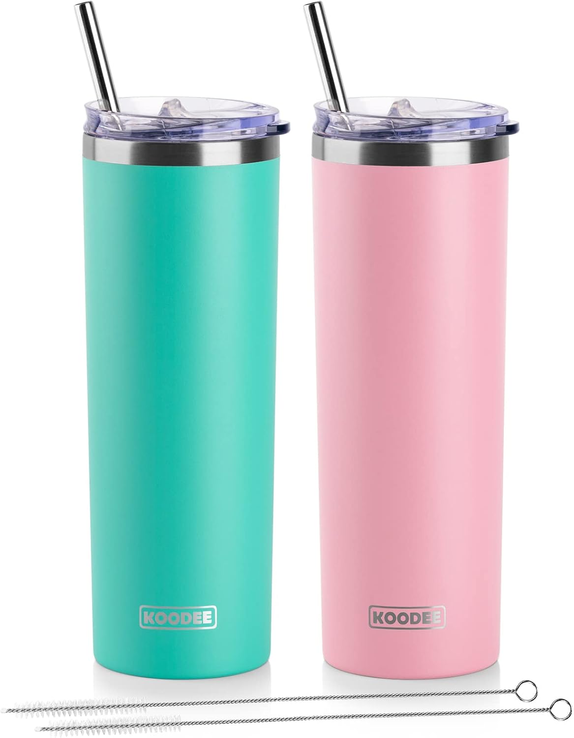 koodee 20 oz Skinny Tumbler (2 Pack) Stainless Steel Double Wall Insulated Water Tumbler Cup with Straw, Slim Travel Tumbler for Women Diy Birthday Gift (Teal-Pink)