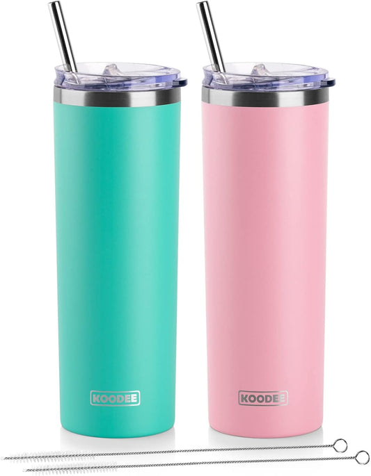 koodee 20 oz Skinny Tumbler (2 Pack) Stainless Steel Double Wall Insulated Water Tumbler Cup with Straw, Slim Travel Tumbler for Women Diy Birthday Gift (Teal-Pink)