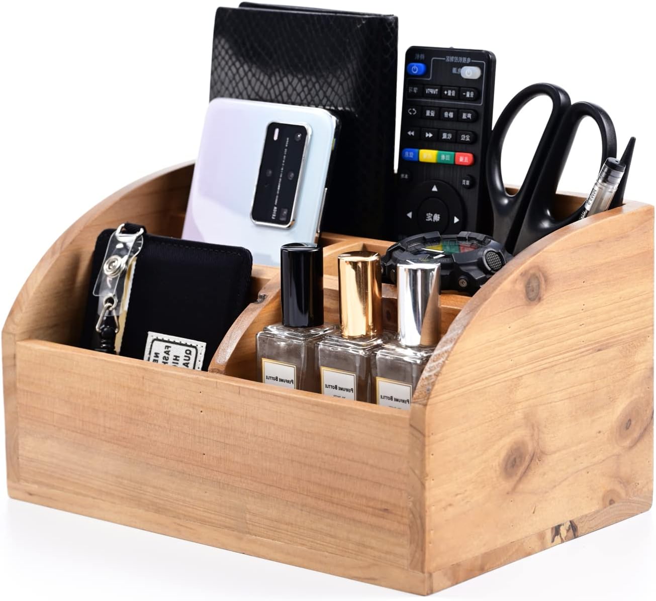 BONNY DODO Remote Control Holders Organizer Box for Table Small Solid Wooden Desk Farmhouse Home Decor Caddy Basket Store ipad for Media Player,Pencil,Glassees&Office Supplies (Wood-M, M)