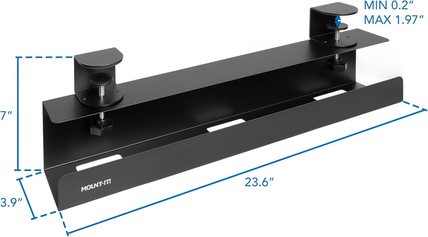Mount-It! Clamp-On Under Desk Cable Management Tray – No-Drill Metal Cable Organizer for Office & Glass Desks, Secure Wire Management Tray for Power Strips & Cords – Sturdy Desk Cable Tray 23.6” Black