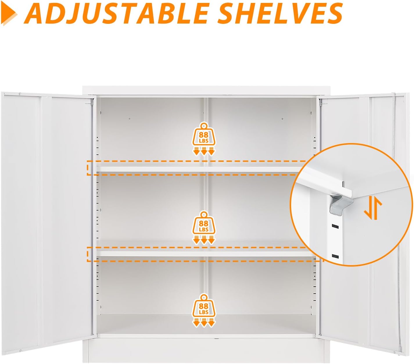 Metal Storage Cabinet, Lockable 2-Door 3-Shelf Cabinet, White, 31.5"W x 15.8"D x 35.5"H, Office, Garage, Home