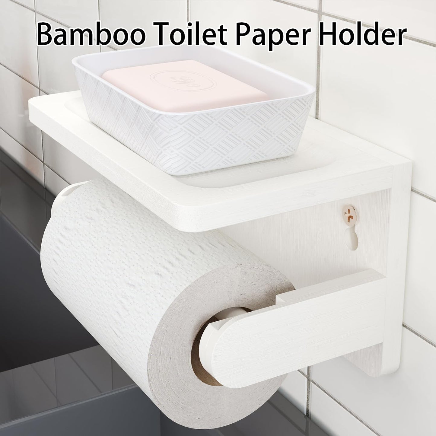 Drill-Free Toilet Paper Holder with Phone Shelf Bamboo Wall-Mounted, No-Drill & Drillable, Bathroom Storage Organizer, Space Saver Tissue Roll Rack for Bathroom, Kitchen, Home Decor (White)