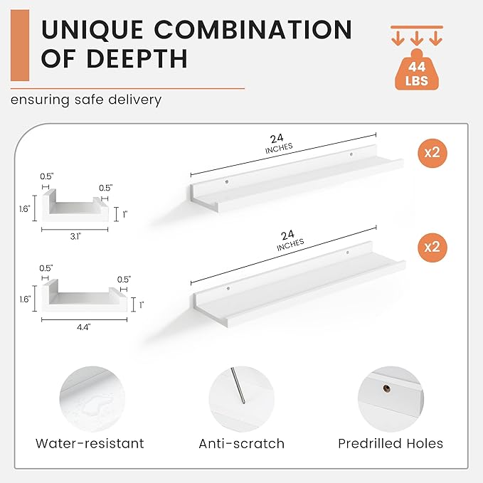 Floating Picture Ledge Shelves Set of 4, 24 Inch Shelves with Lip - Large Nursery Book Shelf for Toys Storage, Kids Bookshelf, Living Room, Bedroom Decor Frames