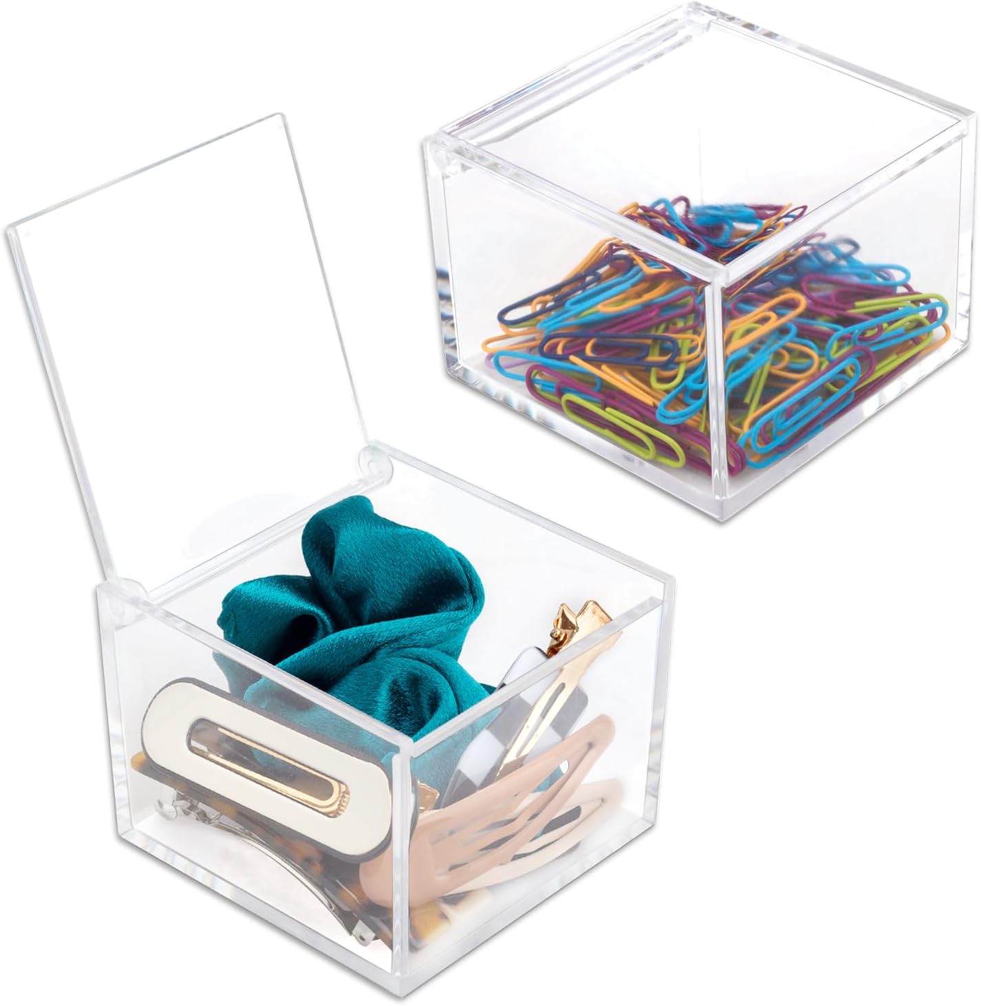 2 Pack Small Clear Acrylic Organizer with Lid for Paper Clips,Sticky Note,Qtip,Cotton Balls,Hair Ties Holder Acrylic Box for Home office Bathroom Desk Organizer