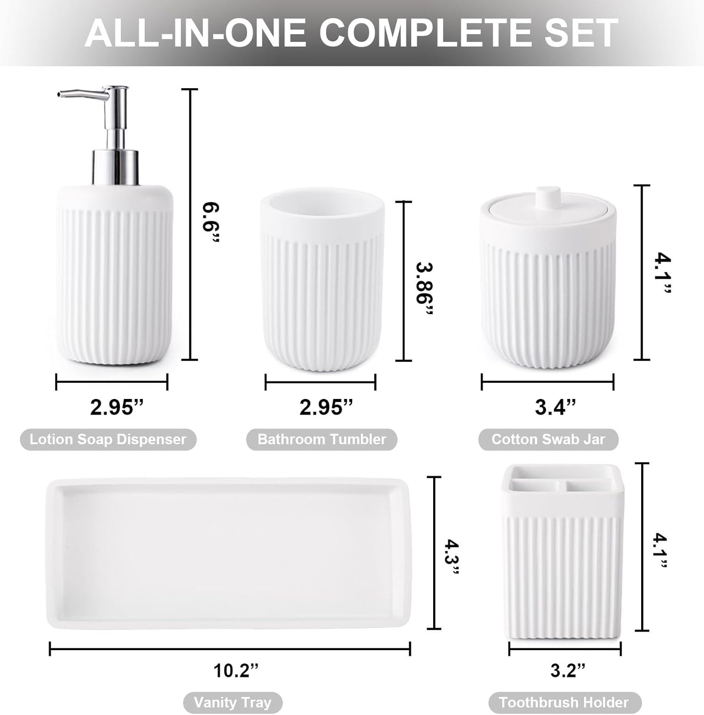 Resin White Bathroom Accessories Set 5 Pcs, Lotion Soap Dispenser, Toothbrush Holder, Bathroom Tumbler, Qtip Holder and Vanity Tray, Bathroom Countertop Organizer Set for Modern Home Apartment