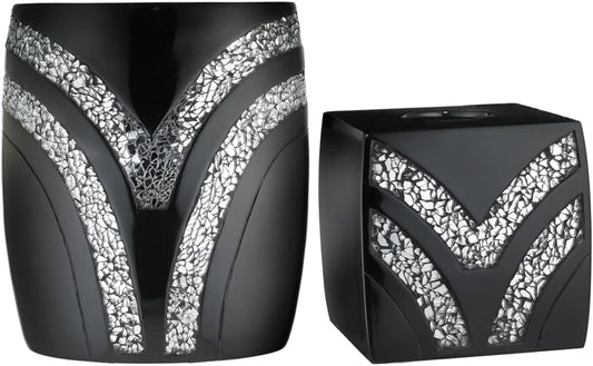 Zahari Home 2pc Sinatra Black Modern Bath Accessories Set Waste Basket & Tissue Box Modern Decorative Beautiful Designs Bathroom Decor Set for Home Luxury Bath Set Mosaic Glass