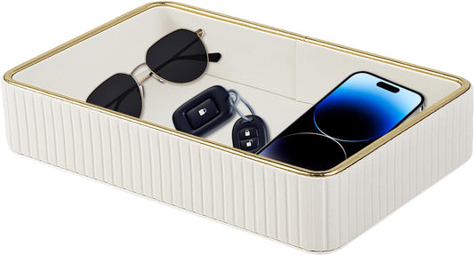 PU Leather Valet Tray,Desk Organizer Tray Nightstand Organizer Trinket Dish Storage Key Bowl Decorative Trays for Phone Wallet Jewelry Watch,Bathroom Bedroom Perfume Vanity Trays,Cream White