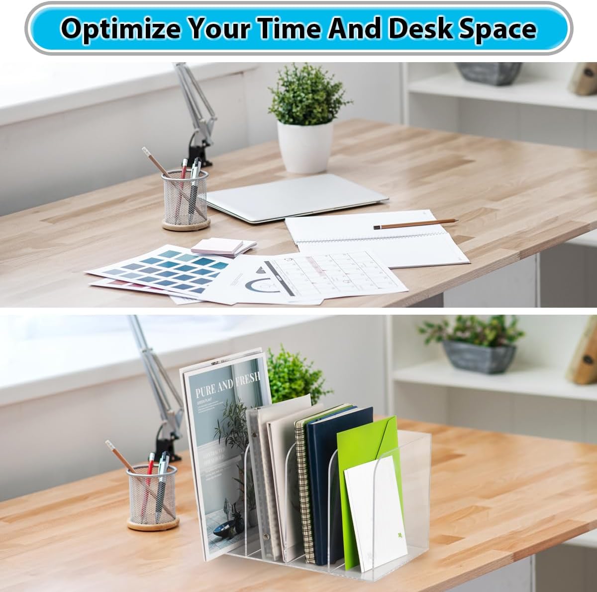 Acrylic Magazine File Holder, Vertical Desk File Organizer Sorter with 4 Compartments, Clear Mail Organizer Office Organization Storage Binder Holder for Desk, Magazine, Books