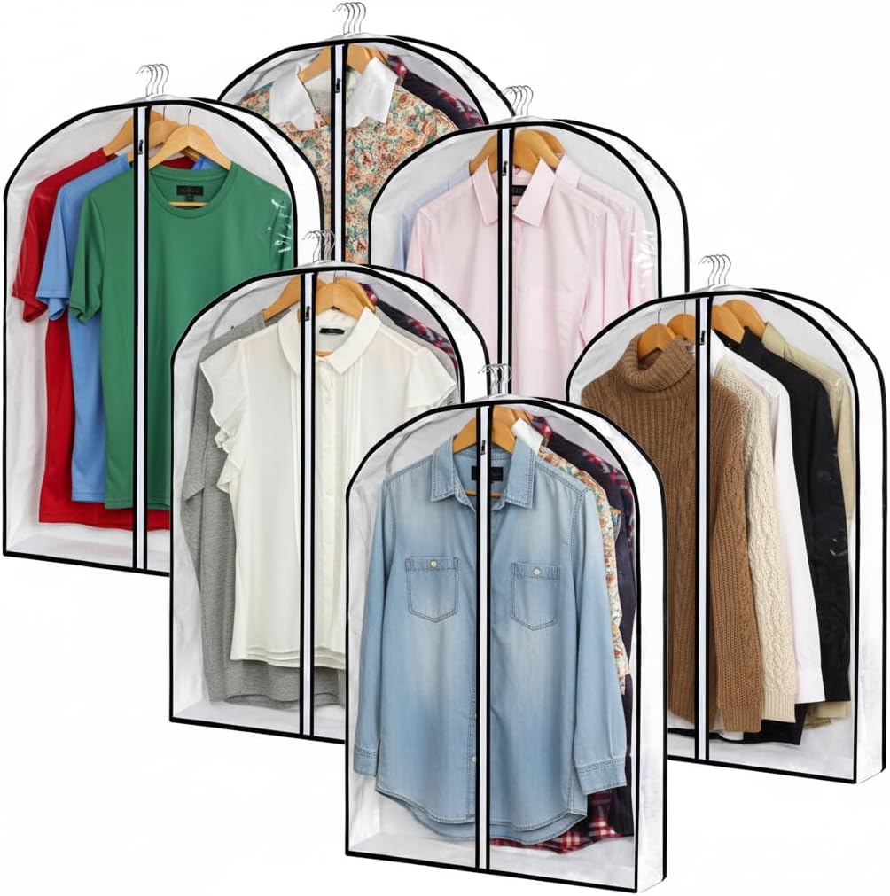 Hanging Clothes Storage with 4" Gusseted Garment Covers (Set of 6) - Clear Suit, Sweater, Shirt, Jacket Protectors for Closet - 24"x 32"x 4" / 6 Pack