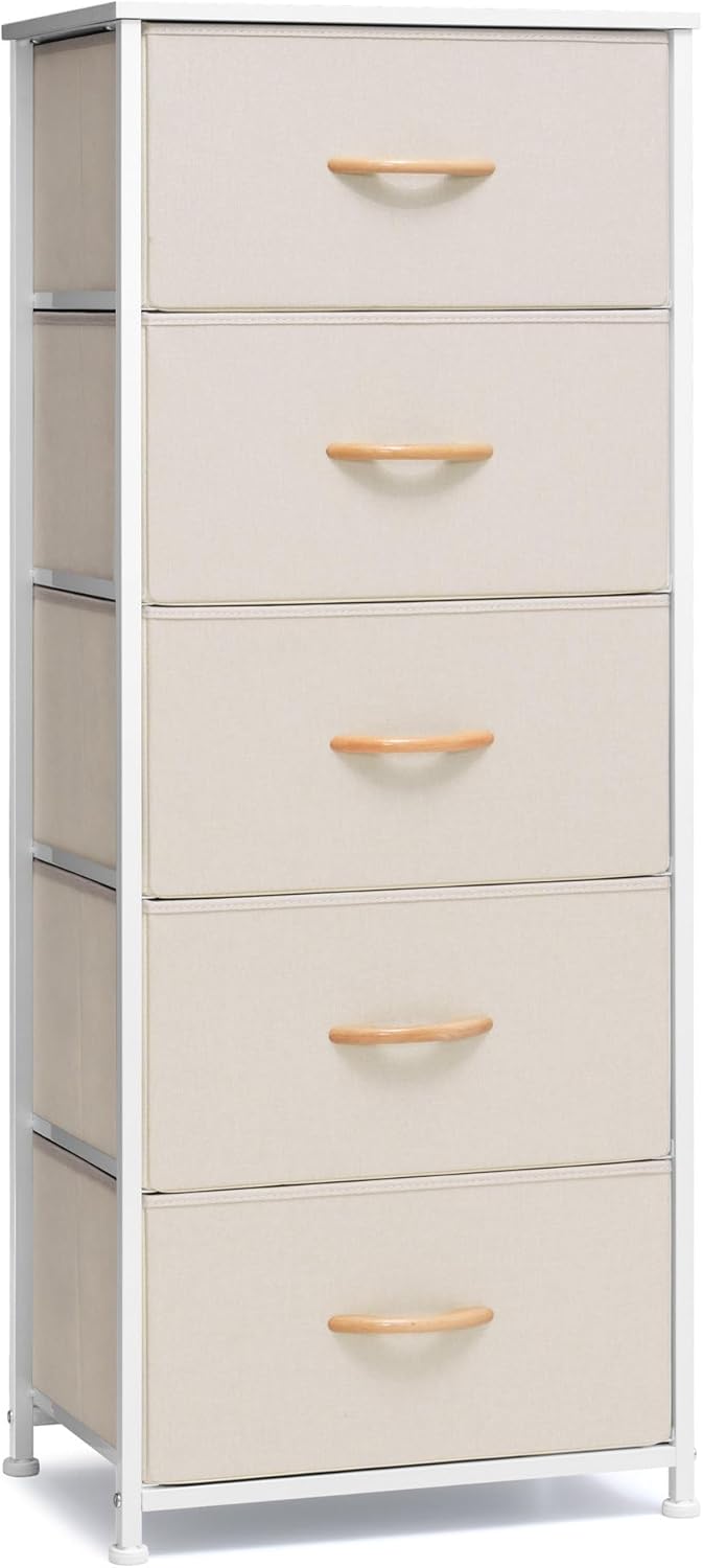 Crestlive Products Vertical Dresser Storage Tower - Sturdy Steel Frame, Wood Top, Easy Pull Fabric Bins - Organizer Unit for Bedroom, Hallway, Entryway, Closets - 5 Drawers(Beige)
