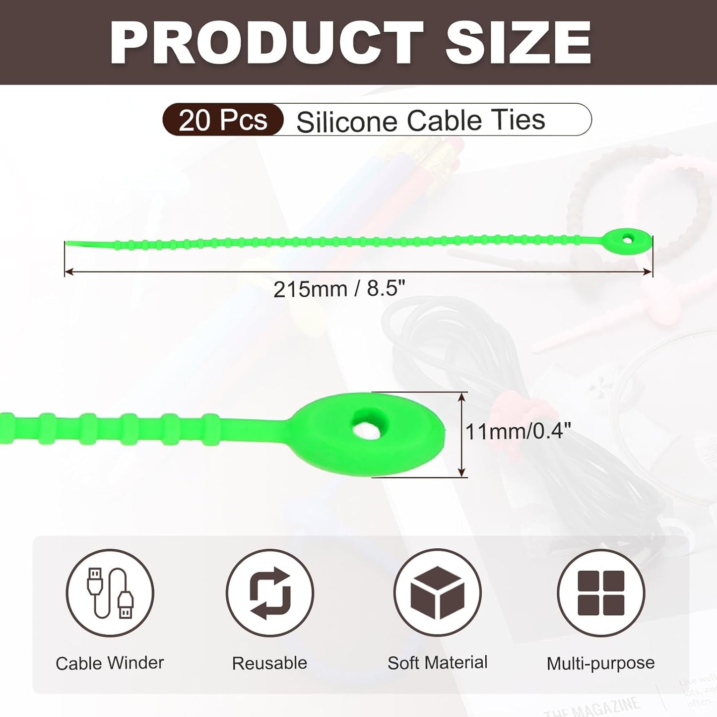 uxcell 20 Pcs Silicone Ties Bag Clip, 8.5 Inch Multi Purpose Silicone Zip Ties Reusable Rubber Zip Tie, Cable Strap Cord Organizer for Home Office Food Bag Wires Cables, Fluorescent Green