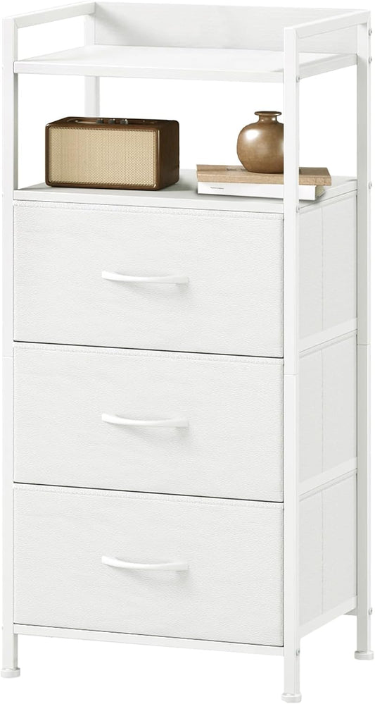 Somdot Nightstand with 3 Drawers, Dresser with Fabric Bins for Bedroom, Hallway, Entryway, Nightstand Bedside Table Furniture, Sturdy Steel Frame, Wooden Top, Easy Pull Fabric Bins, White Leather