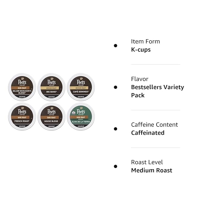 Peet's Coffee, Keurig K-Cup Pods Variety Pack - Major Dickason's Blend, Big Bang, French Roast, Café Domingo, Organic Alma De La Tierra, House Blend, 60 Count (6 Boxes of 10 Pods)