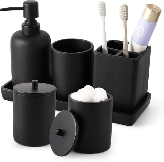 Resin 6 Pcs Black Bathroom Set Complete with Toothbrush Holder, Lotion Soap Dispenser, 2 Qtip Holder Dispensers,Vanity Tray,Bathroom Tumbler - Countertop Vanity Organizer - Bathroom Accessories Set