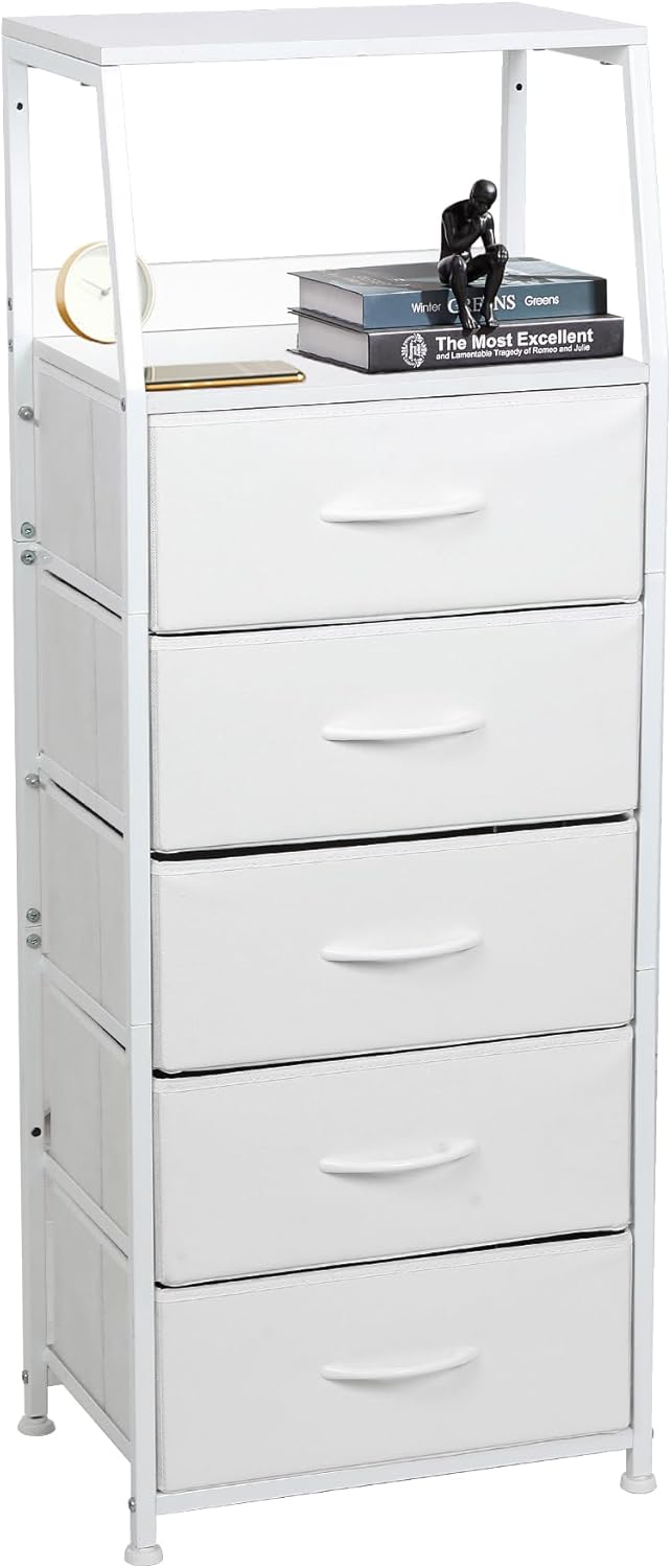Dresser for Bedroom, Fabric Nightstand Tall Dresser & Chests of Drawers with 5 Drawers, Vertical Organizer Storag, Hallway, Entryway White
