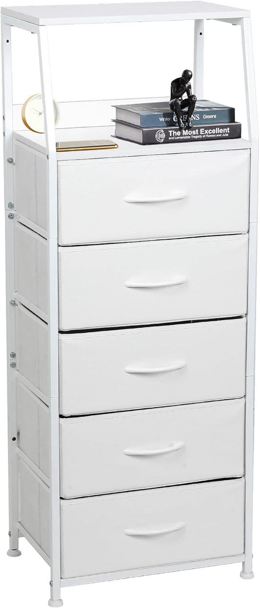 Dresser for Bedroom, Fabric Nightstand Tall Dresser & Chests of Drawers with 5 Drawers, Vertical Organizer Storag, Hallway, Entryway White