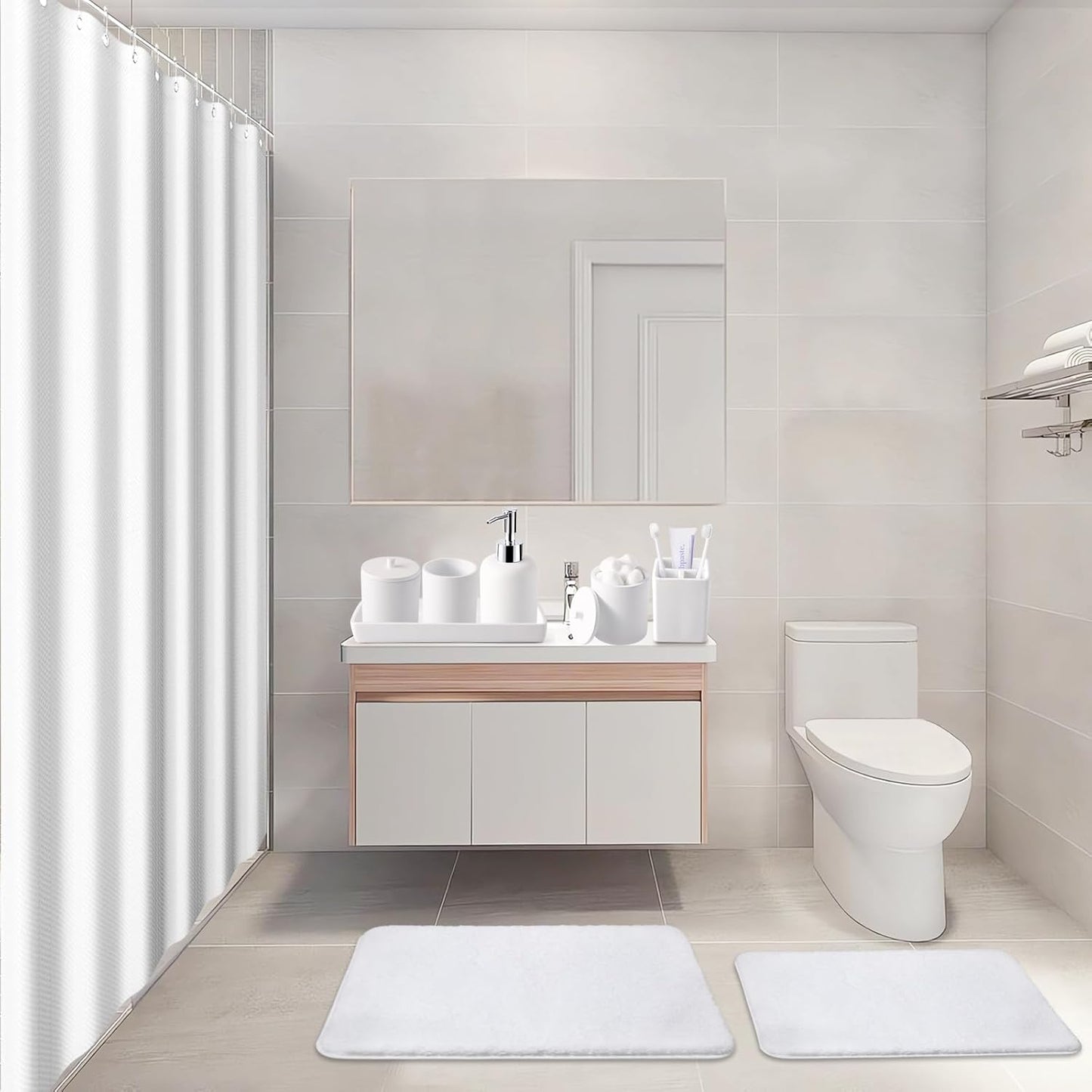 21 Pcs Bathroom Accessory Set with Waterproof Shower Curtain and Non Slip Mat,Resin Bath Set with Toothbrush Holder and Lotion Soap Dispenser,Bathroom Countertop Organizer Set for Home Apartment