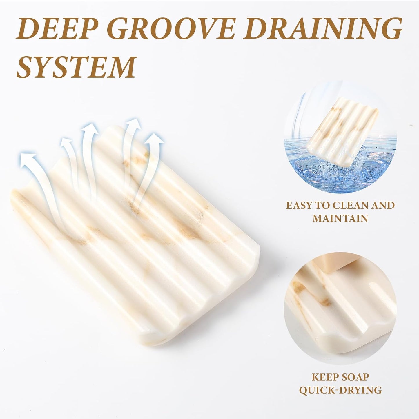 Koville Natural Marble Soap Dish for Bathroom Shower, White Gold Marble Soap Tray for Bathroom, Stone Soap Tray for Sink, Stripe Grooves Soap Saver Keep Soap Bars Dry Easy Clean